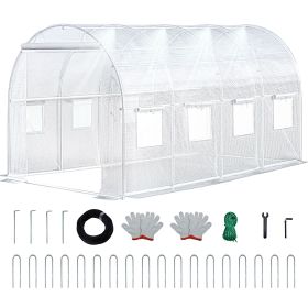 Walk-in Tunnel Greenhouse with Watering System Heavy Duty Portable Green House Protect Gardening Plants 1 Zipper Mesh Door, 8 Roll-up Windows (Color: White, size: 20ft)